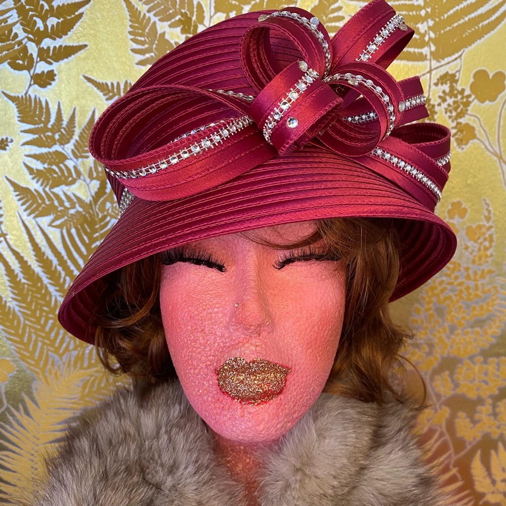 EY Signature Red Women's Church Hat with Rhinestone & Spiral Accents